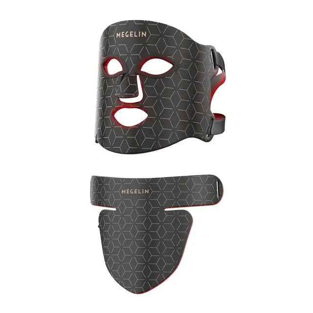 Black and red hexagonal-patterned megelin led facial mask with adjustable straps.
