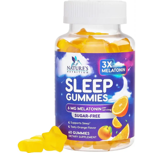 A clear plastic bottle with a white cap contains yellow, star-shaped sleep gummies labeled ’nature’s nutrition sleep gummies’ and features an orange flavor design.