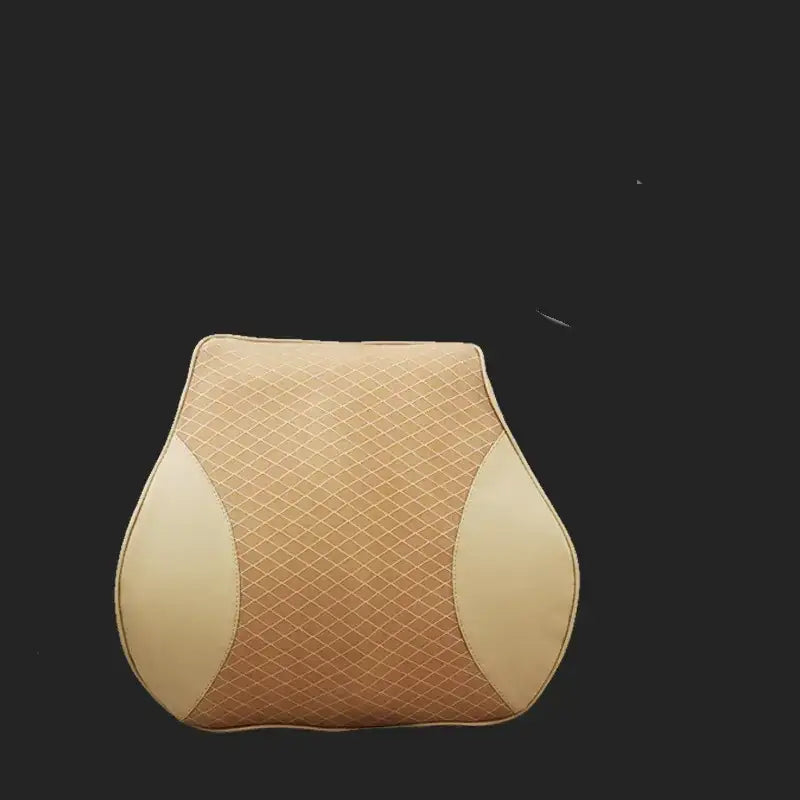 Beige and cream-colored car neck pillow with quilted diamond pattern on the central panel.