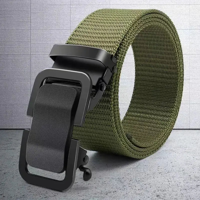 Olive green woven canvas belt with a matte black automatic buckle.