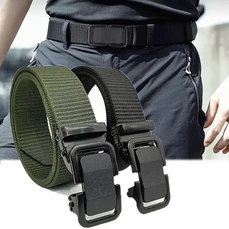 Black and olive green tactical belts with durable nylon webbing and robust black plastic buckles.
