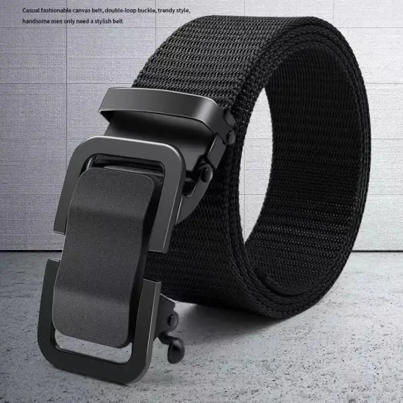 Black canvas belt with a sleek, matte black double-loop buckle.