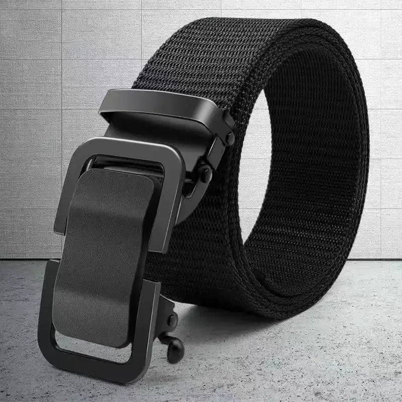 Black tactical webbing belt with a matte black automatic buckle.