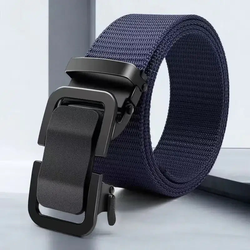 Dark blue woven canvas belt with a matte black automatic buckle.