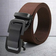 Brown woven fabric belt with a matte black automatic buckle.