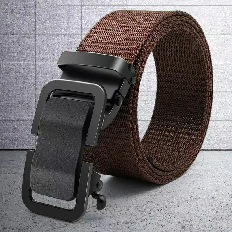 Brown woven fabric belt with a matte black automatic buckle.
