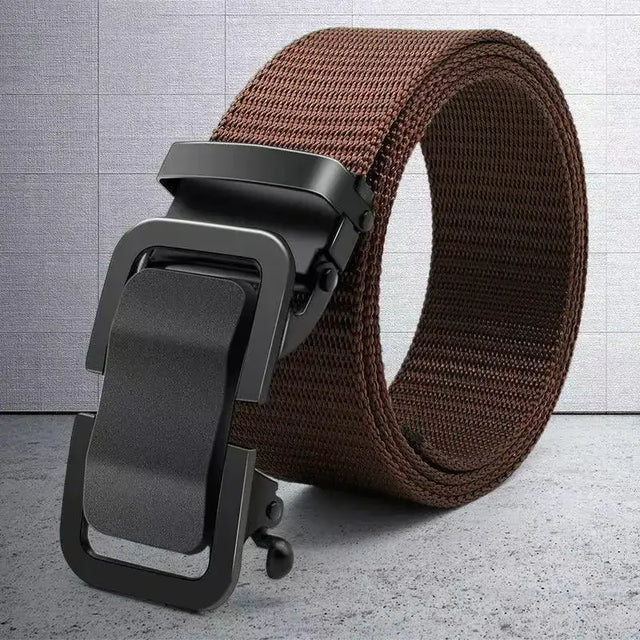 Brown woven fabric belt with a matte black automatic buckle.