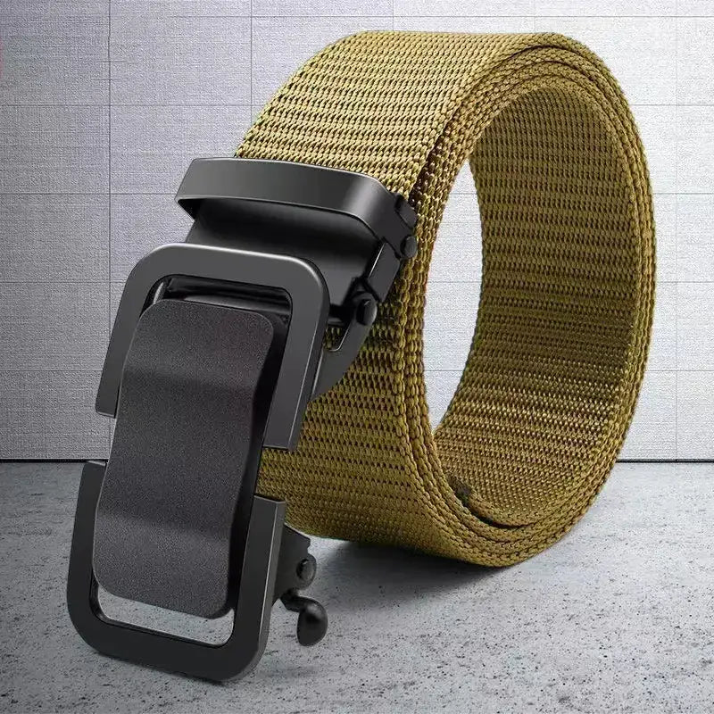 Khaki tactical webbing belt with a matte black automatic buckle