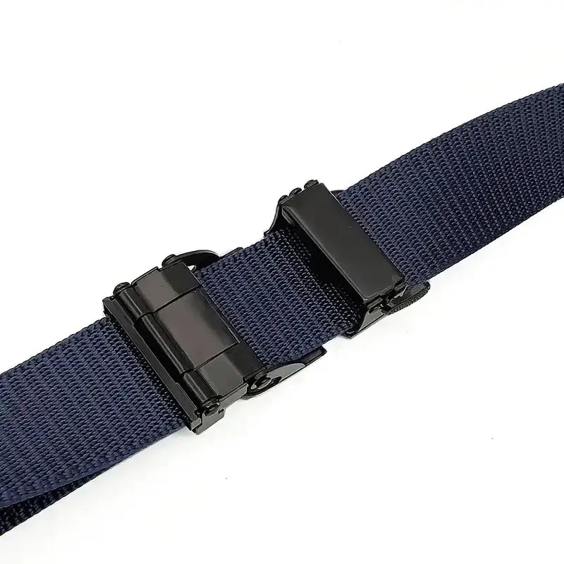 Navy blue woven nylon belt with a black plastic buckle