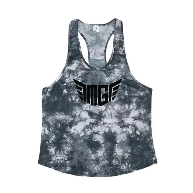 Gray and white tie-dye racerback tank top with a bold black ’amge’ logo across the chest.