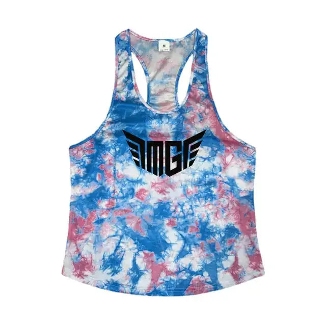 A vibrant blue, pink, and white tie-dye racerback tank top featuring a bold black ’amge’ logo across the chest.