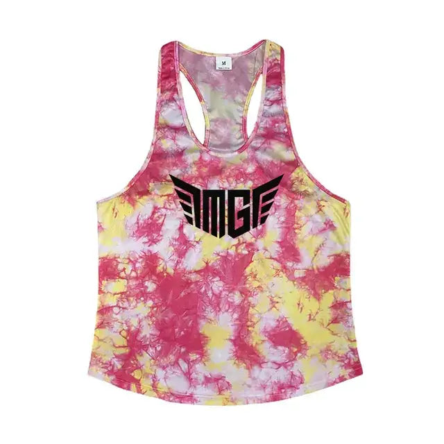 A vibrant pink and yellow tie-dye racerback tank top featuring a bold black ’mge’ logo across the chest.