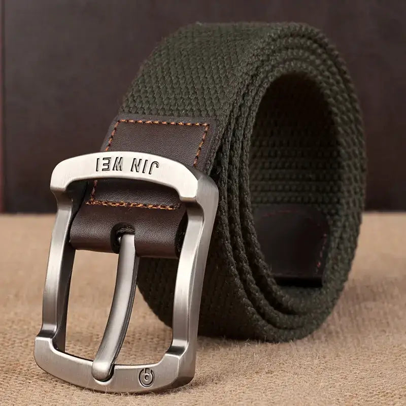 Olive green woven canvas belt with a silver-toned metal buckle and brown leather accent stitching.