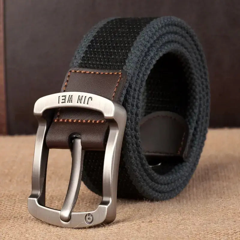Dark gray woven canvas belt with a silver-toned metal buckle and brown leather accents.
