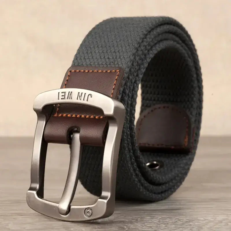 Gray woven canvas belt with a silver-toned metal buckle and brown leather accents.