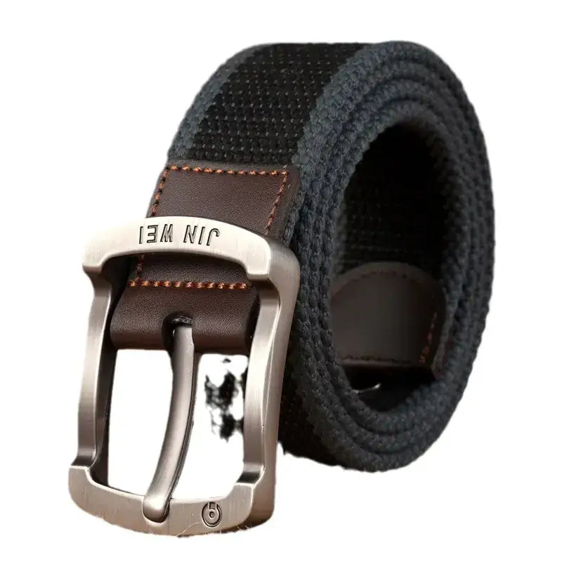 Dark gray woven canvas belt with a brown leather tab and silver-toned metal buckle engraved with ’jin wei’.
