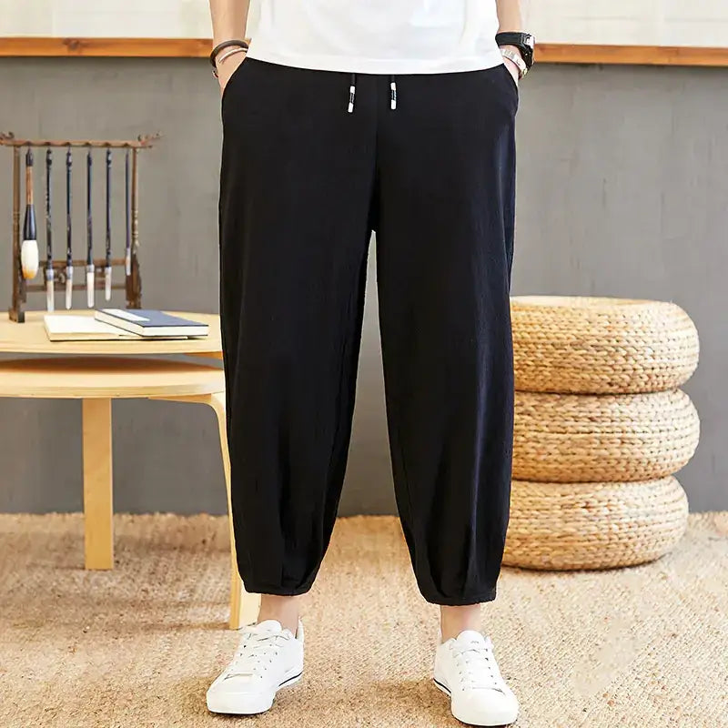 Men's Cotton Linen Wide-Leg Chinese Style Pants