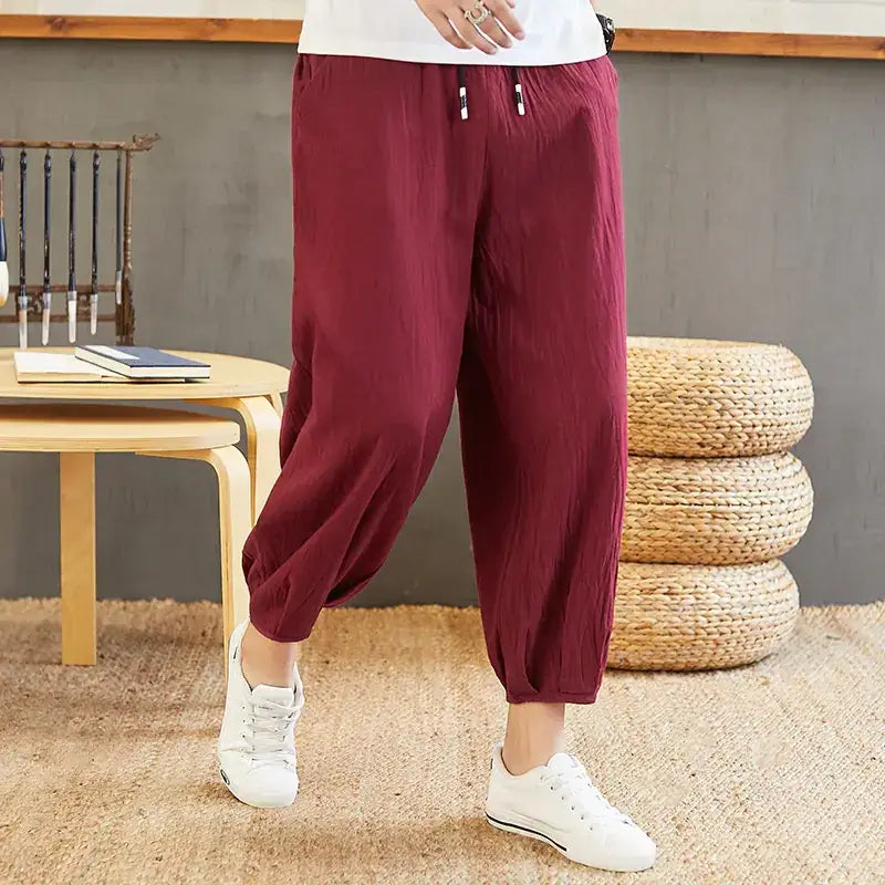 Men's Cotton Linen Wide-Leg Chinese Style Pants