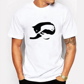 Men's Cotton T-Shirt with Cat Print Short Sleeves
