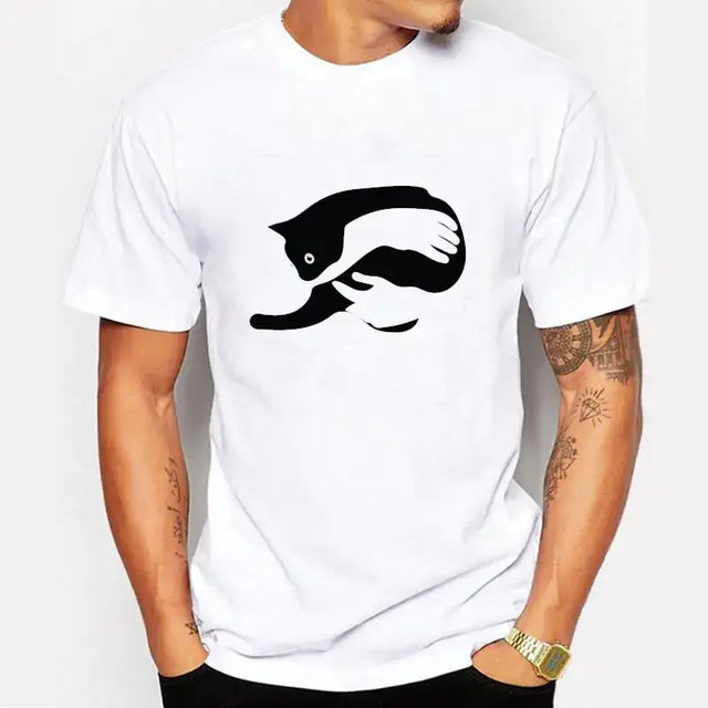 Men's Cotton T-Shirt with Cat Print Short Sleeves