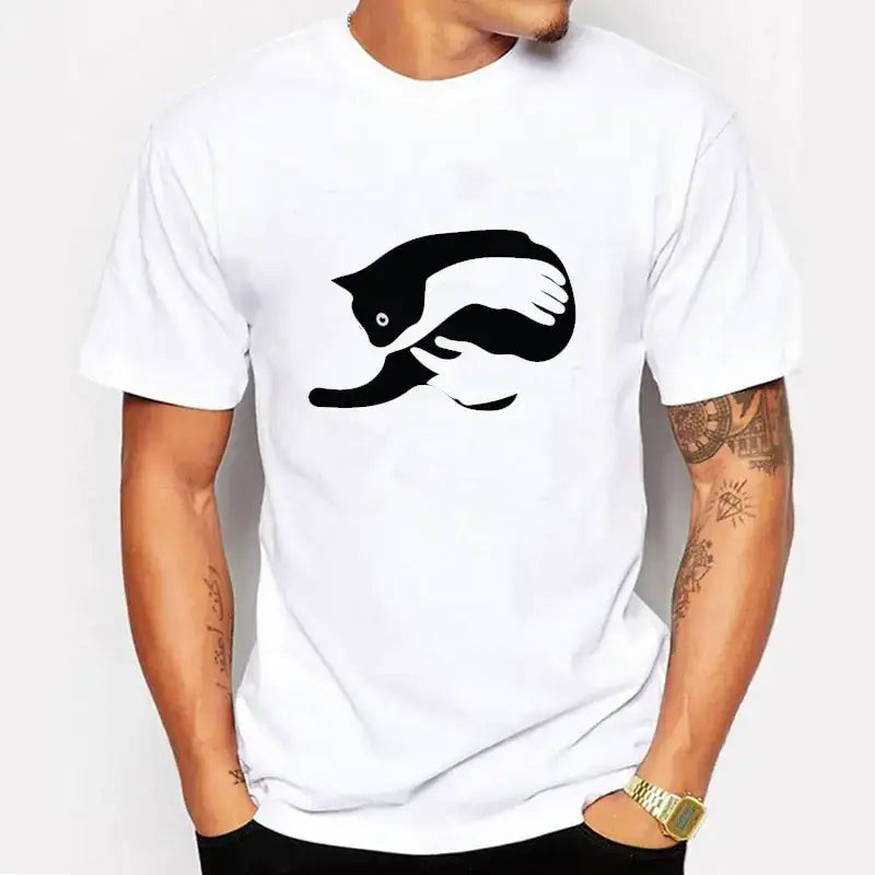 Men's Cotton T-Shirt with Cat Print Short Sleeves