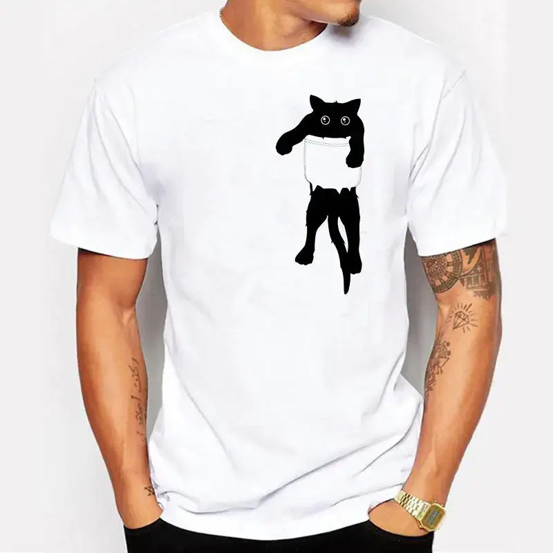 Men's Cotton T-Shirt with Cat Print Short Sleeves