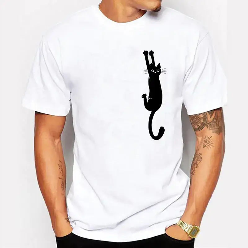 Men's Cotton T-Shirt with Cat Print Short Sleeves