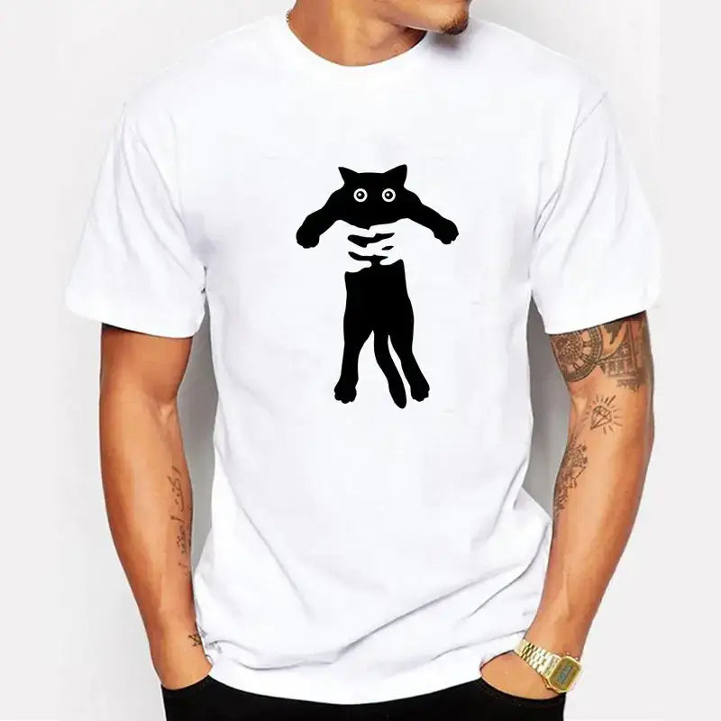 Men's Cotton T-Shirt with Cat Print Short Sleeves