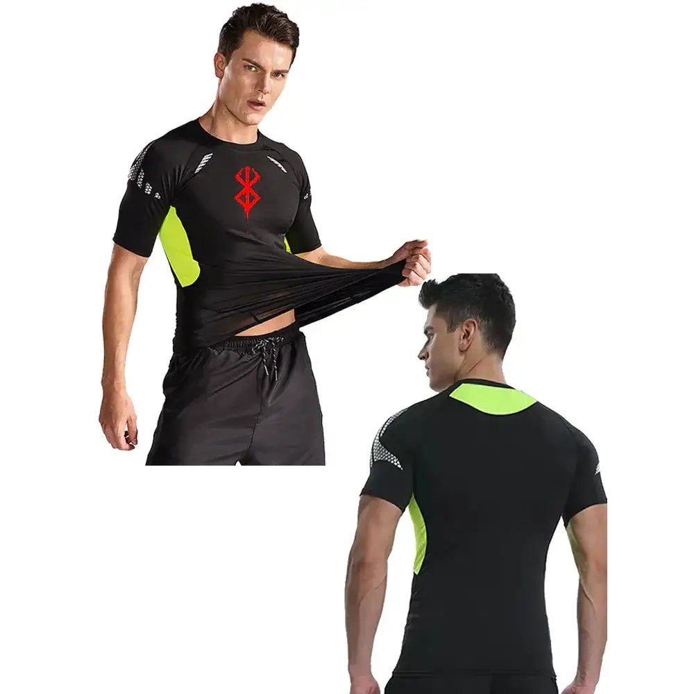 Black athletic shirt with neon green accents and a red logo on the chest.