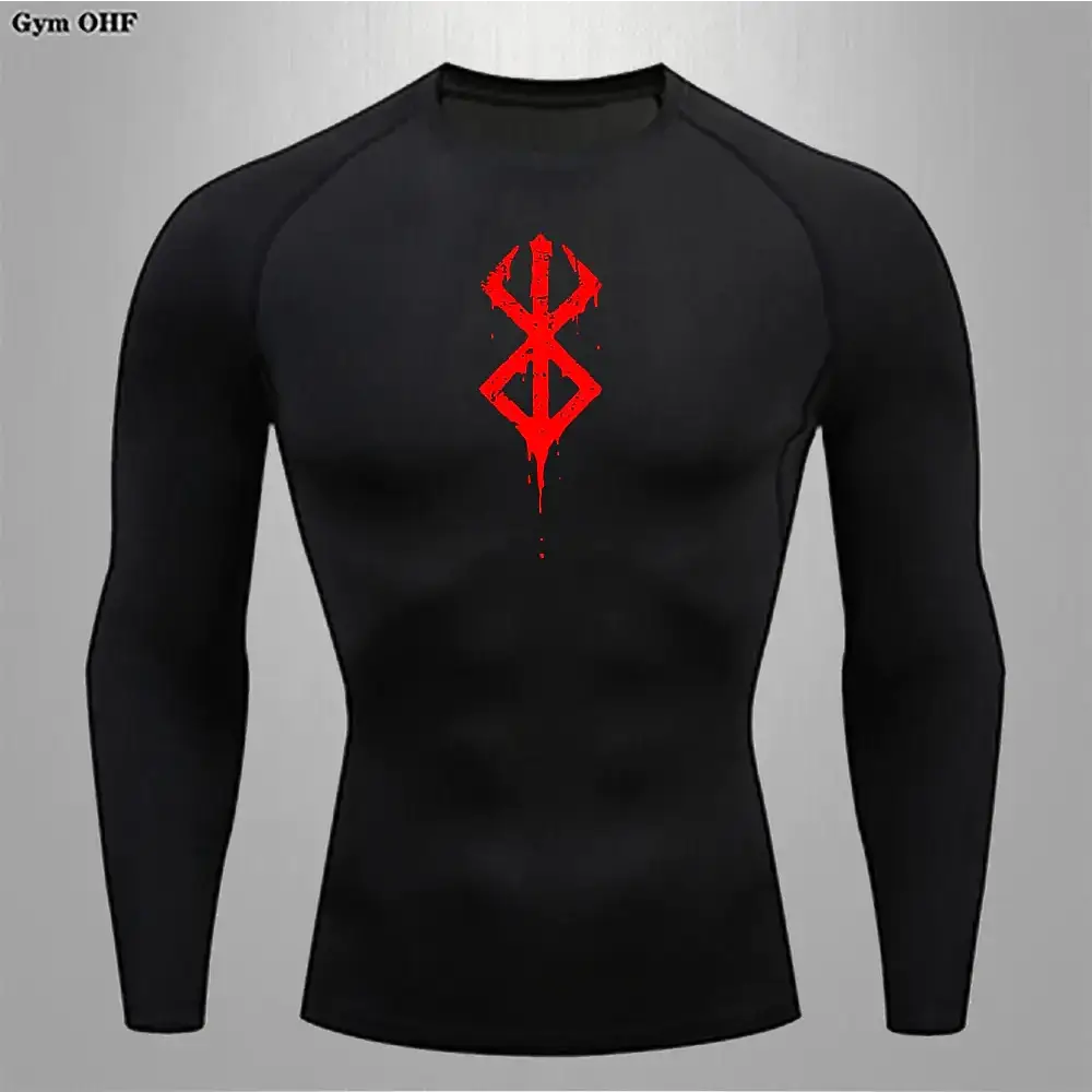 Black long-sleeved compression shirt with a red, dripping ’berserk’ logo on the chest.