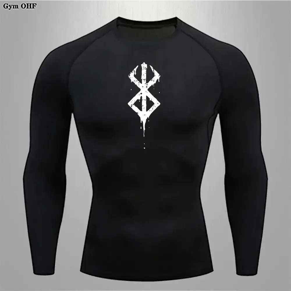 Black long-sleeved compression shirt featuring a distressed white rune design on the chest.