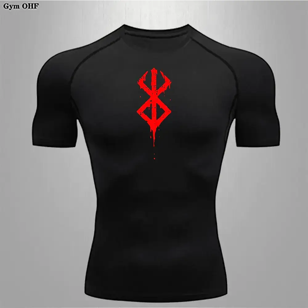 Black short-sleeved compression shirt with a red, dripping ’berserk’ logo on the chest.