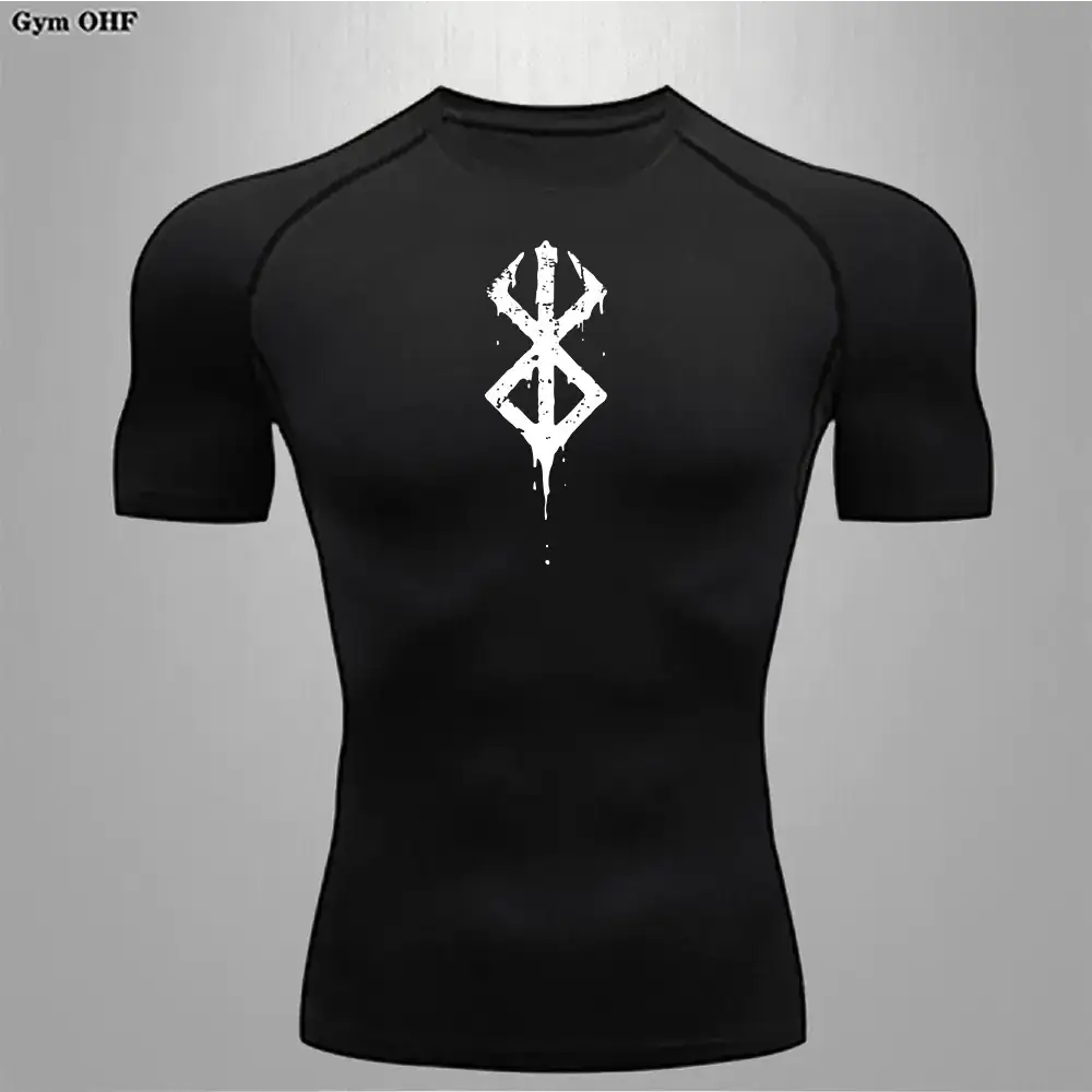 Black short-sleeved compression shirt with a white, distressed ’berserk’ logo printed on the chest.