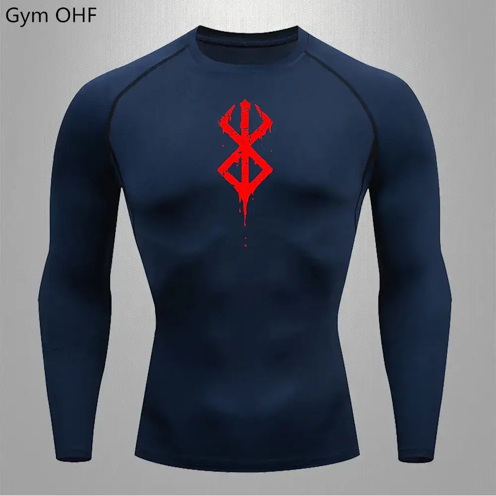 Dark blue long-sleeved compression shirt with a red, stylized symbol printed on the chest.