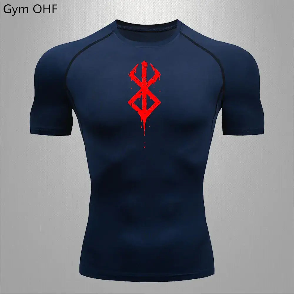 Navy blue compression shirt with a bold red, dripping logo on the chest