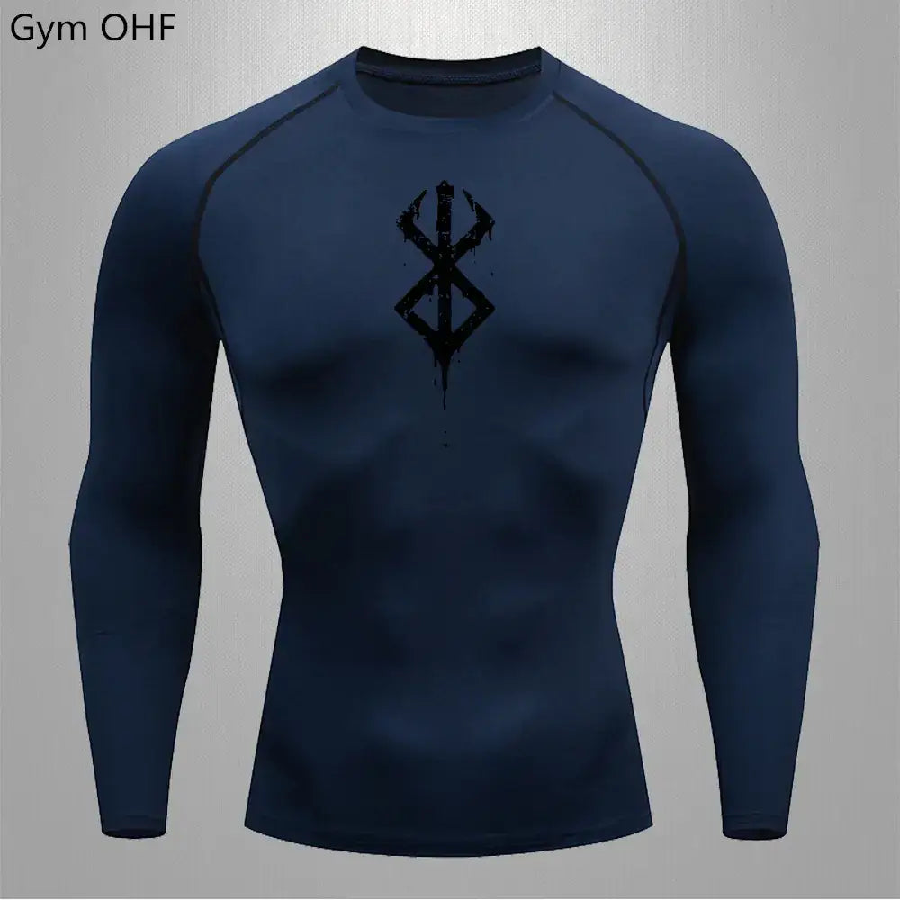 Dark blue long-sleeved compression shirt with a black stylized rune emblem on the chest.