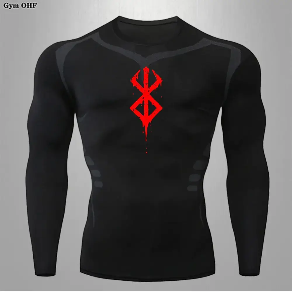 Black long-sleeved compression shirt with a red, dripping ’berserk’ logo on the chest.