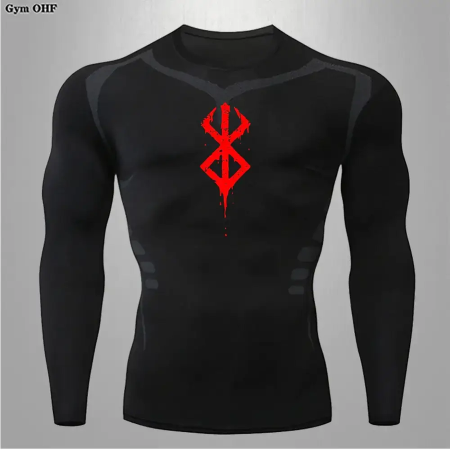 Black long-sleeved compression shirt with a red, dripping ’berserk’ logo on the chest.