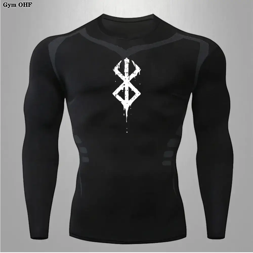 Black long-sleeved compression shirt with a white, distressed rune emblem on the chest.