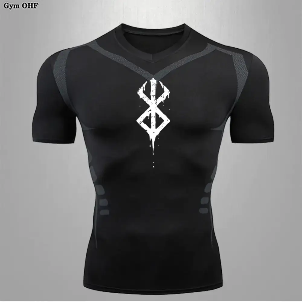 Black compression shirt with a white, dripping ’berserk’ logo on the chest and gray mesh panels along the shoulders.