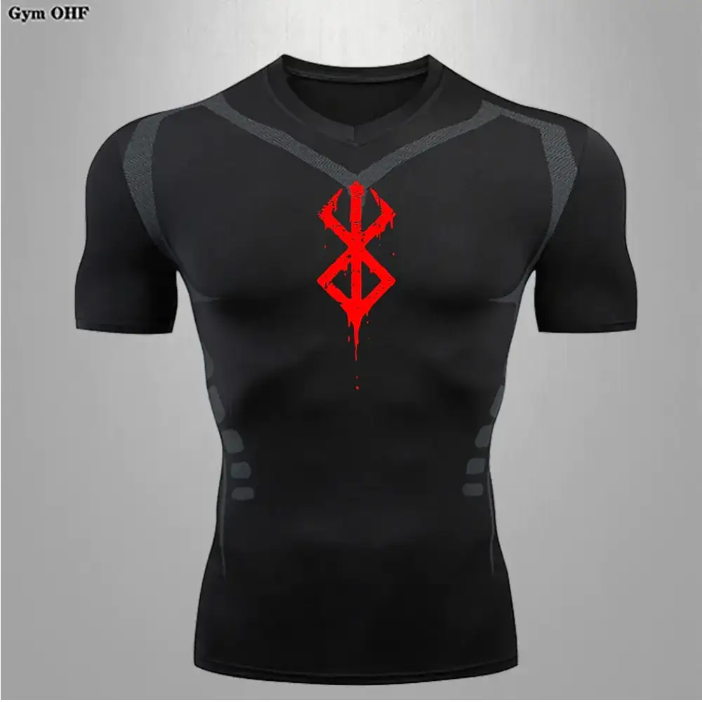 Black short-sleeved compression shirt with a red, stylized rune emblem on the chest and gray mesh panels along the shoulders.