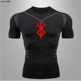 Black short-sleeved compression shirt with a red, stylized rune emblem on the chest and gray mesh panels along the shoulders.