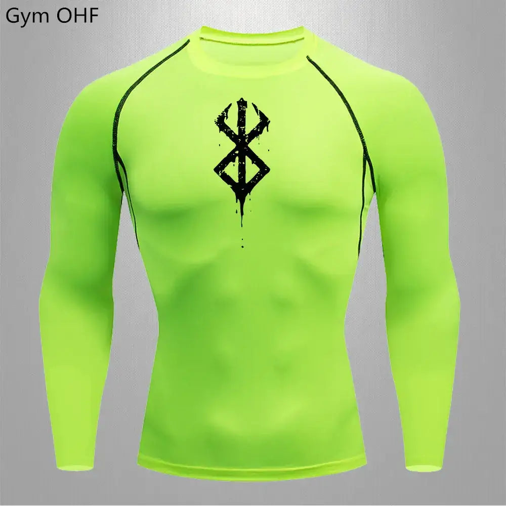 Bright neon green long-sleeved compression shirt with black graphic and seam detailing.
