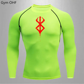 Bright neon green long-sleeved compression shirt with black seam detailing and a red, dripping rune emblem on the chest.