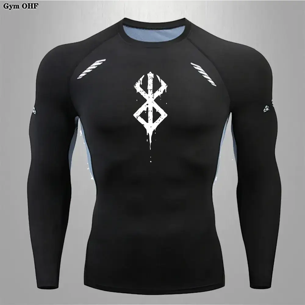 Black long-sleeved compression shirt with white distressed ’berserk’ logo and light blue inner lining.