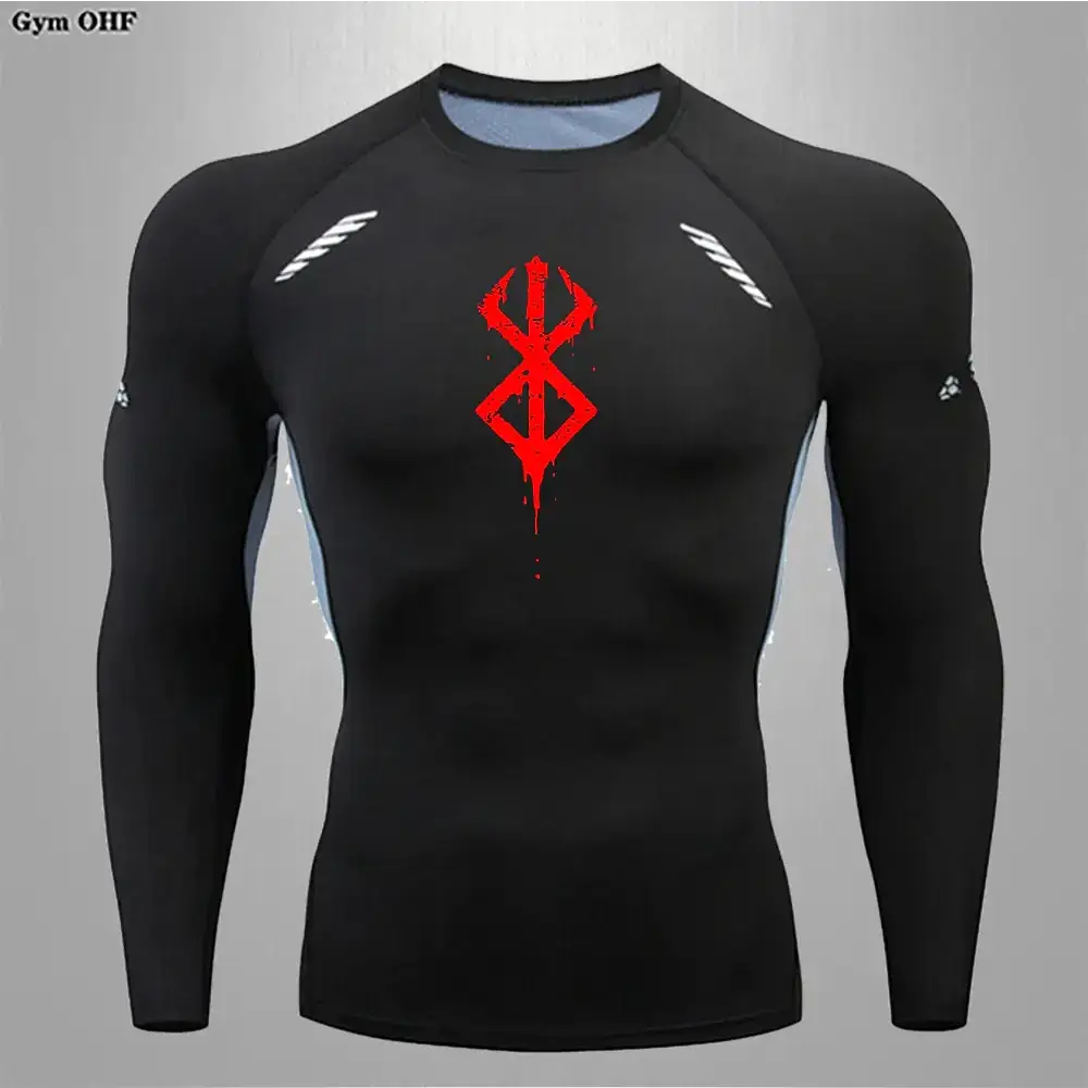 Black long-sleeved compression shirt with a red, dripping logo on the chest and white diagonal stripes on each shoulder.