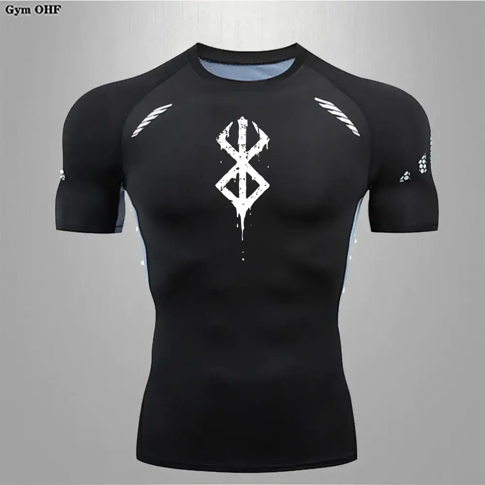 Black short-sleeved compression shirt with white distressed logo and subtle light blue accents on the shoulders and inner collar.