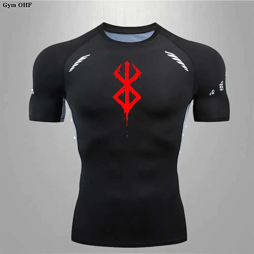 Black compression shirt with a red, dripping ’berserk’ logo on the chest and white geometric patterns along the sleeves.