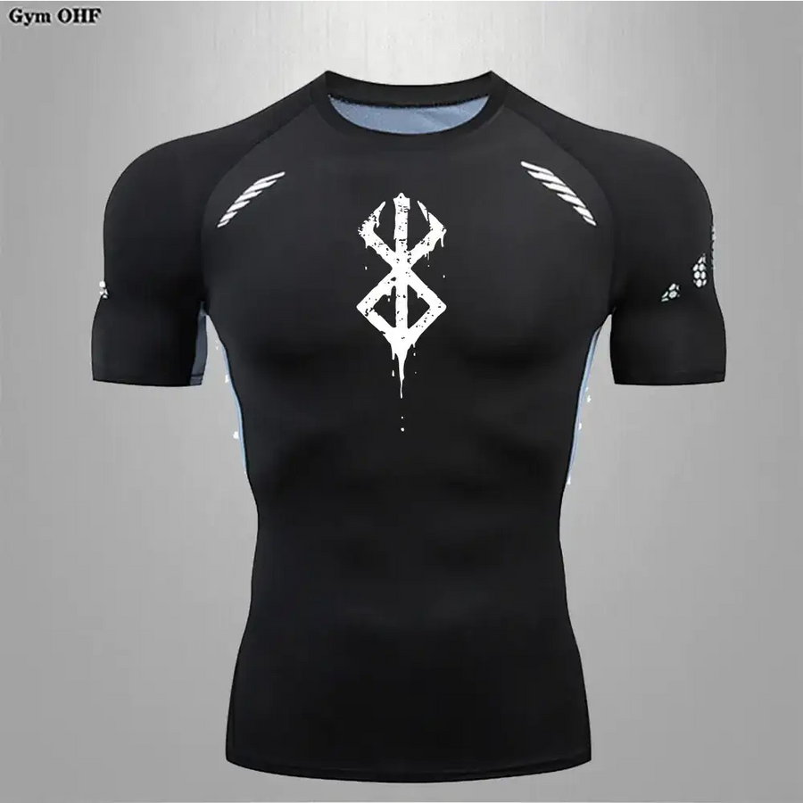 Black short-sleeved compression shirt with white distressed logo and subtle light blue accents on the shoulders and inner collar.