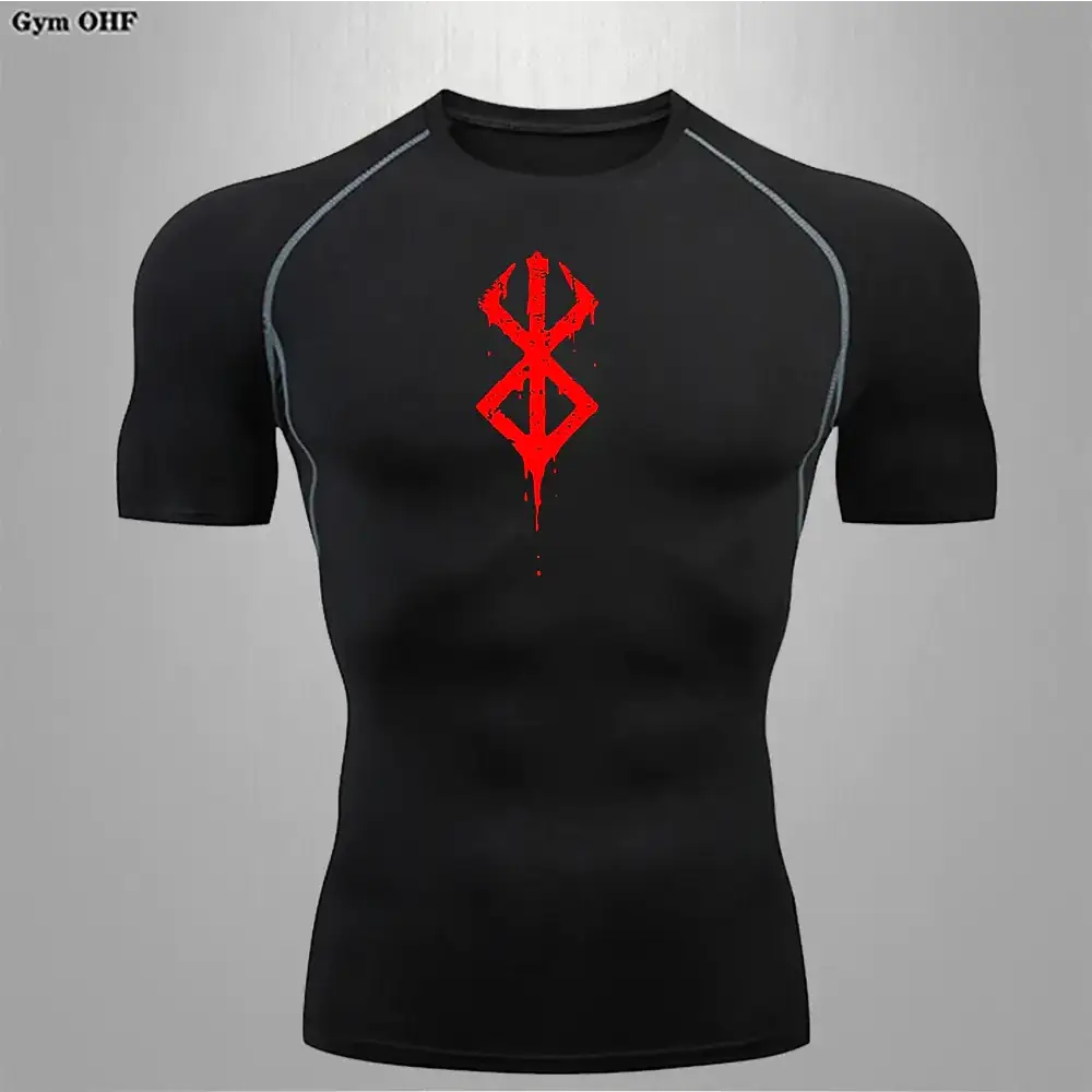 Black short-sleeved compression shirt with red ’berserk’ logo on the chest and gray seam detailing.
